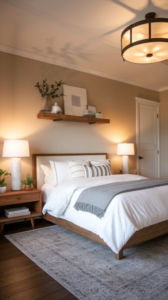 A modern farmhouse bedroom featuring a stylish ceiling light and matching table lamps.