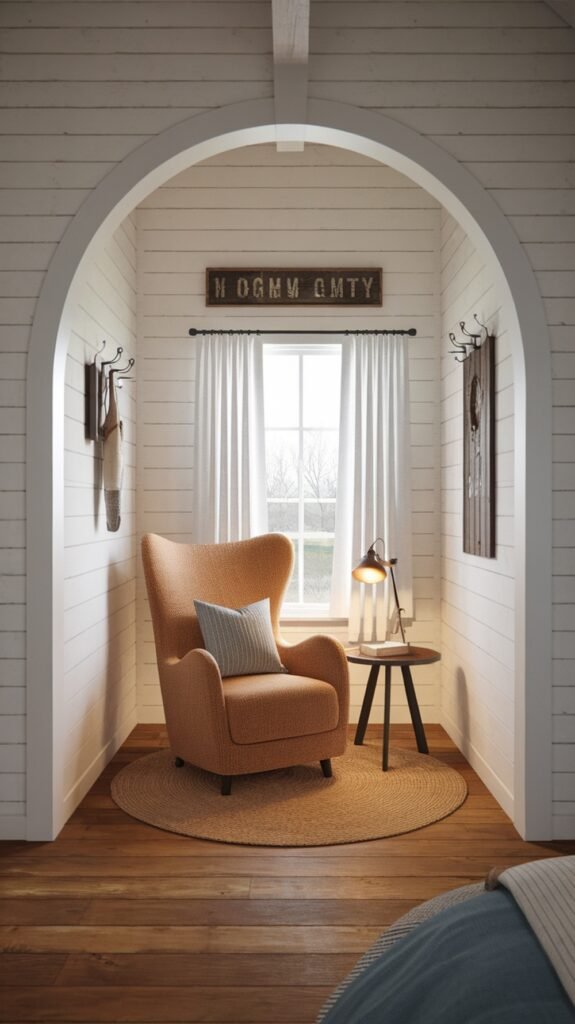 Cozy reading nook with an armchair, side table, and window in a modern farmhouse bedroom
