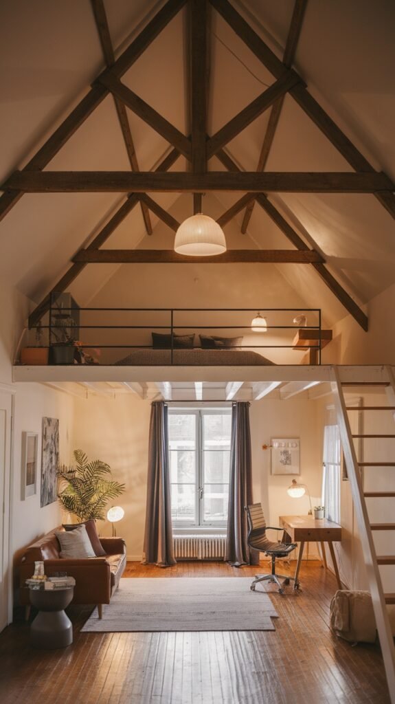 A beautifully decorated loft bedroom with warm lighting and a cozy atmosphere.