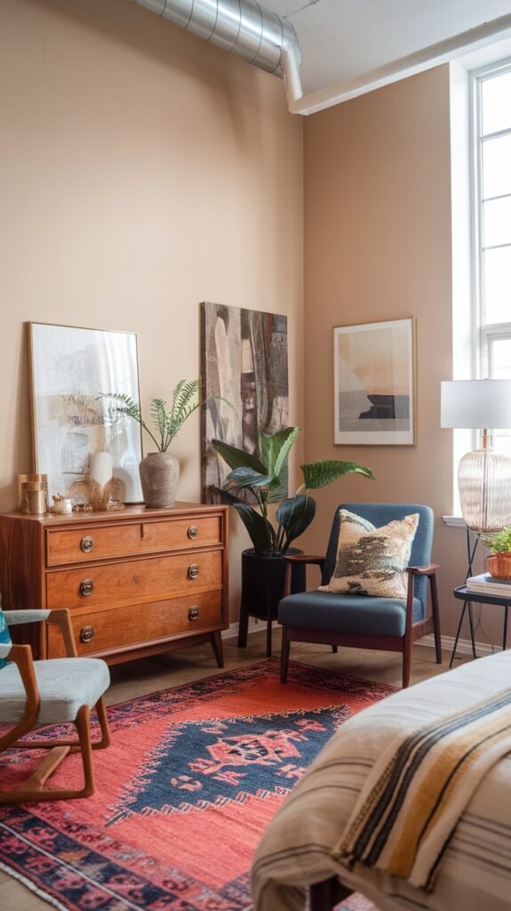 A cozy loft bedroom featuring an eclectic mix of furniture and decor.
