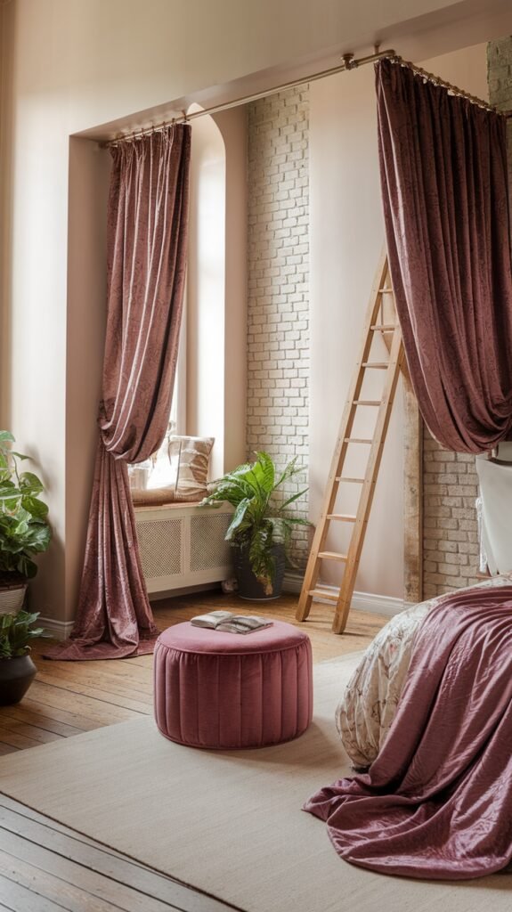 A beautifully decorated loft bedroom featuring luxurious textiles, including velvet curtains and a plush ottoman.