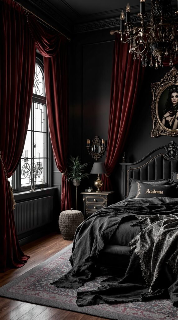 A dark academia bedroom featuring rich red curtains, black bedding, and elegant decor.
