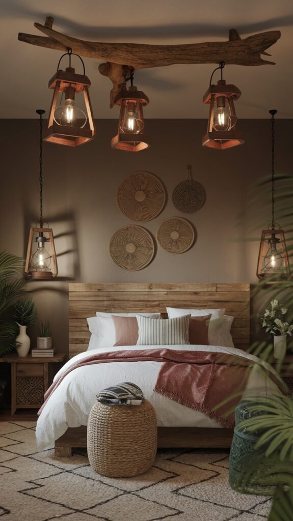 Rustic lighting fixtures in an earthy bedroom setting.