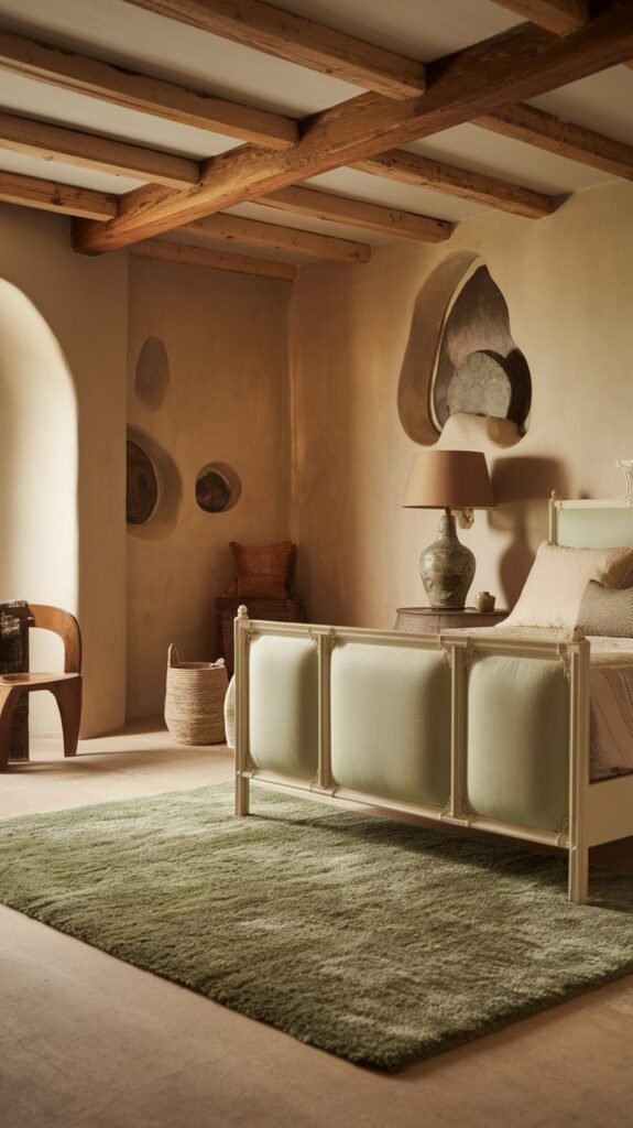 A cozy sage green rug in a stylish bedroom setting.