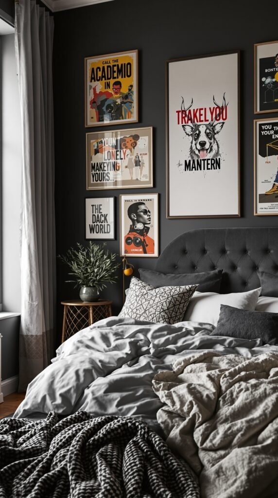 A dark academia bedroom featuring artistic wall decor with various framed posters.