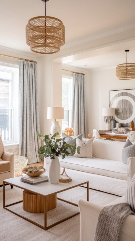 A cozy living room featuring handcrafted wooden furniture accents.