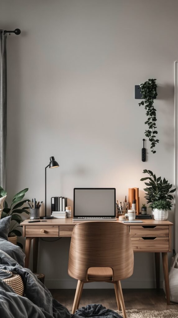 A minimalist study space featuring a wooden desk, laptop, and plants.