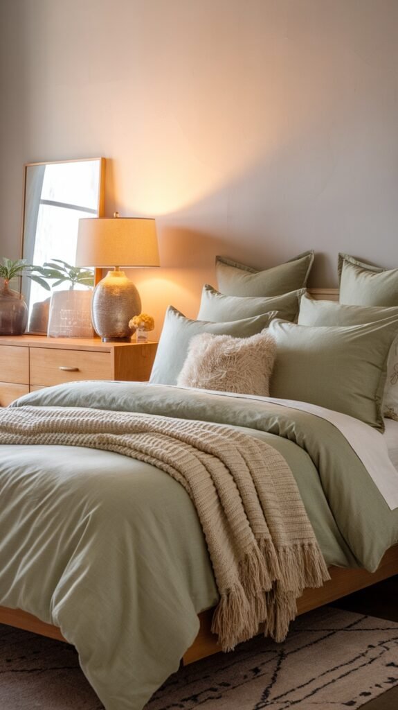 A cozy bedroom featuring sage green bedding with soft pillows and a warm lamp.
