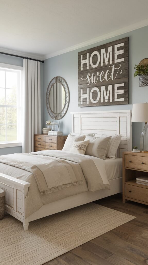 A modern farmhouse bedroom featuring a large wooden wall art that says 'HOME sweet HOME' above a neatly made bed with neutral bedding.
