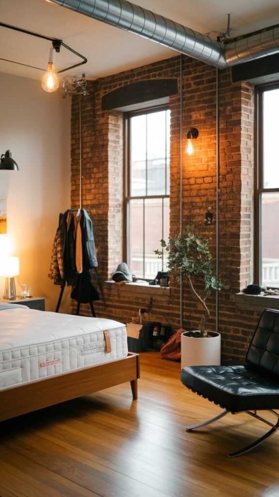 A stylish loft bedroom featuring exposed brick walls, modern furniture, and industrial lighting.
