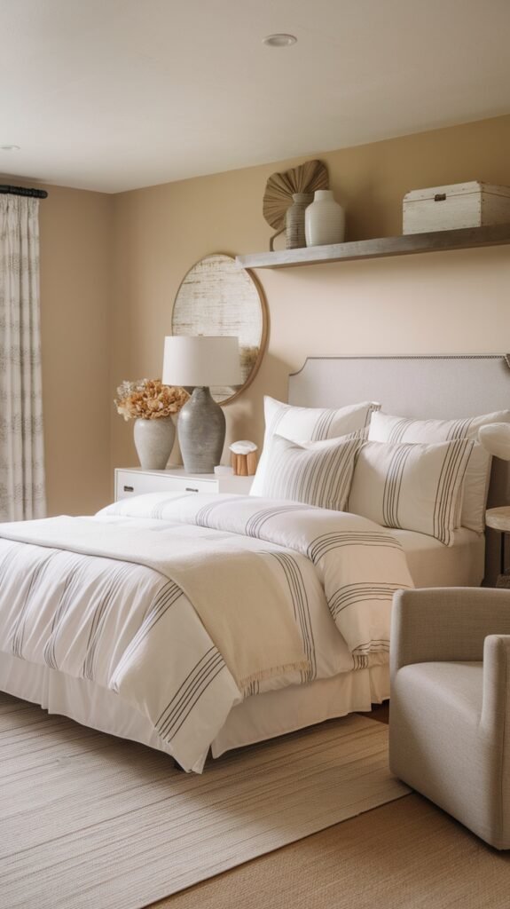 A modern farmhouse bedroom featuring neutral colors, striped bedding, and decorative vases.