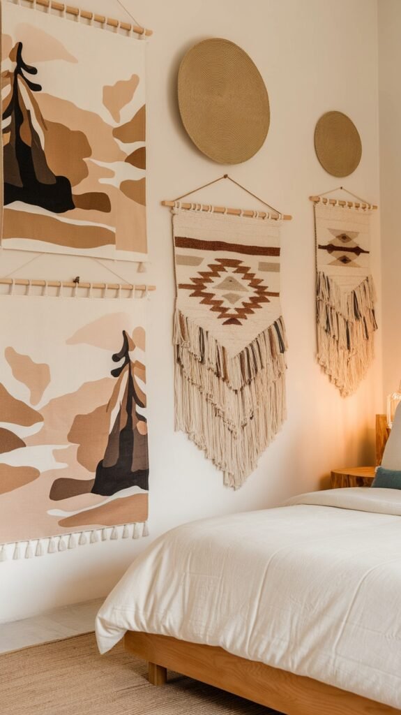 Artistic wall hangings with nature themes in a cozy bedroom setting.