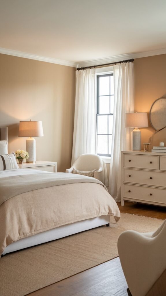 A cozy modern farmhouse bedroom featuring a neutral color palette with beige walls, light bedding, and natural textures.