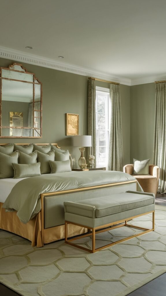 A luxurious sage green bedroom featuring gold accents, showcasing a stylish bed and decor.