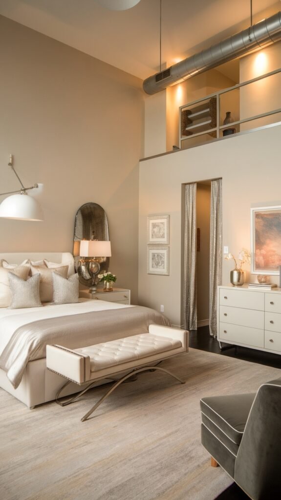 A modern loft bedroom featuring metallic accents and stylish decor.