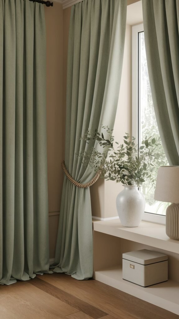 Sage green curtains draping by a window in a cozy bedroom setting.