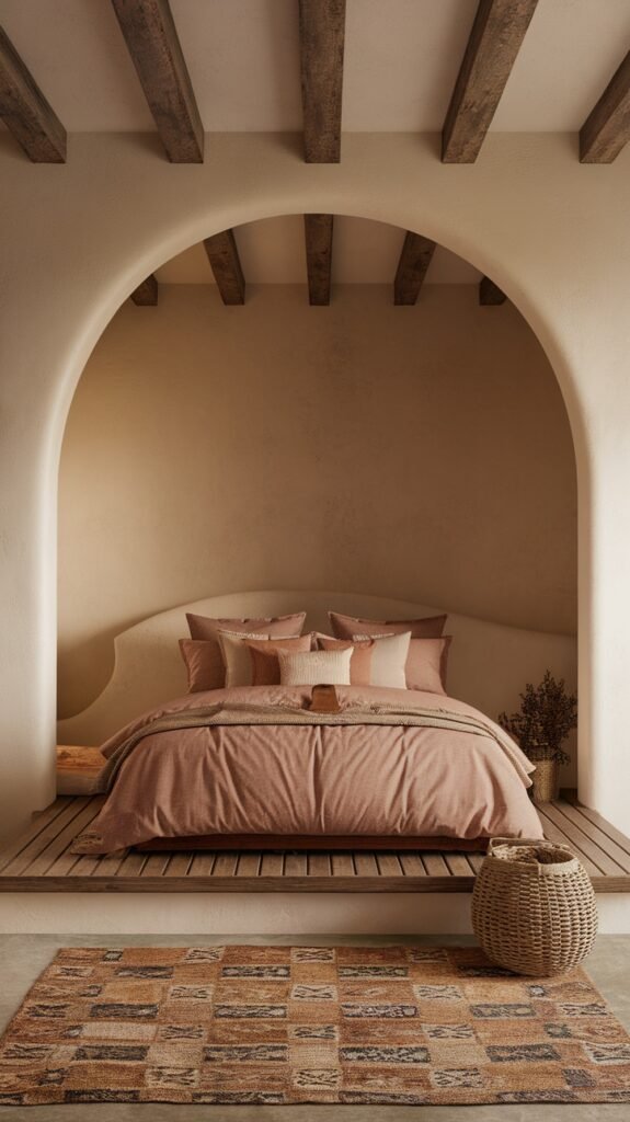 A serene bedroom featuring earthy bedding in warm tones with wooden beams and a cozy rug.