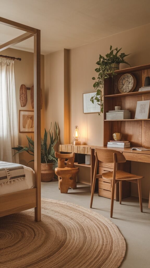 A cozy bedroom featuring a jute rug, wooden furniture, and plants, showcasing earthy decor.