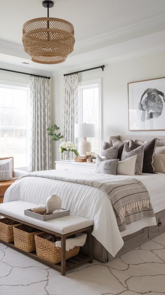 A modern farmhouse bedroom featuring a cozy bed with textured pillows, a storage bench with woven baskets, and a warm light fixture.