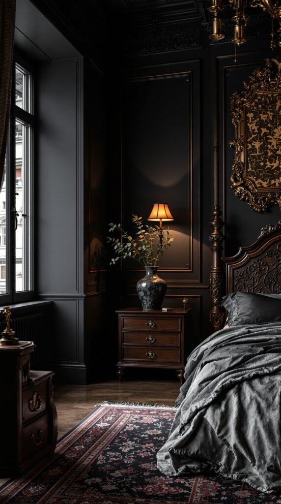 A dark academia bedroom featuring antique furniture, including a wooden bed frame, nightstand, and decorative vase.