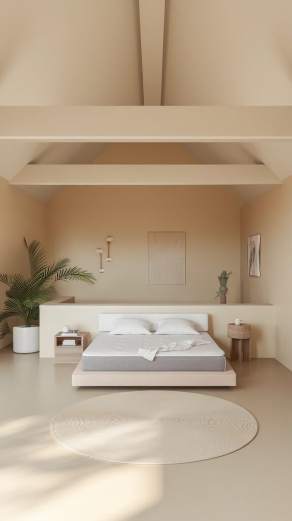 A cozy minimalistic loft bedroom featuring neutral tones and simple decor.