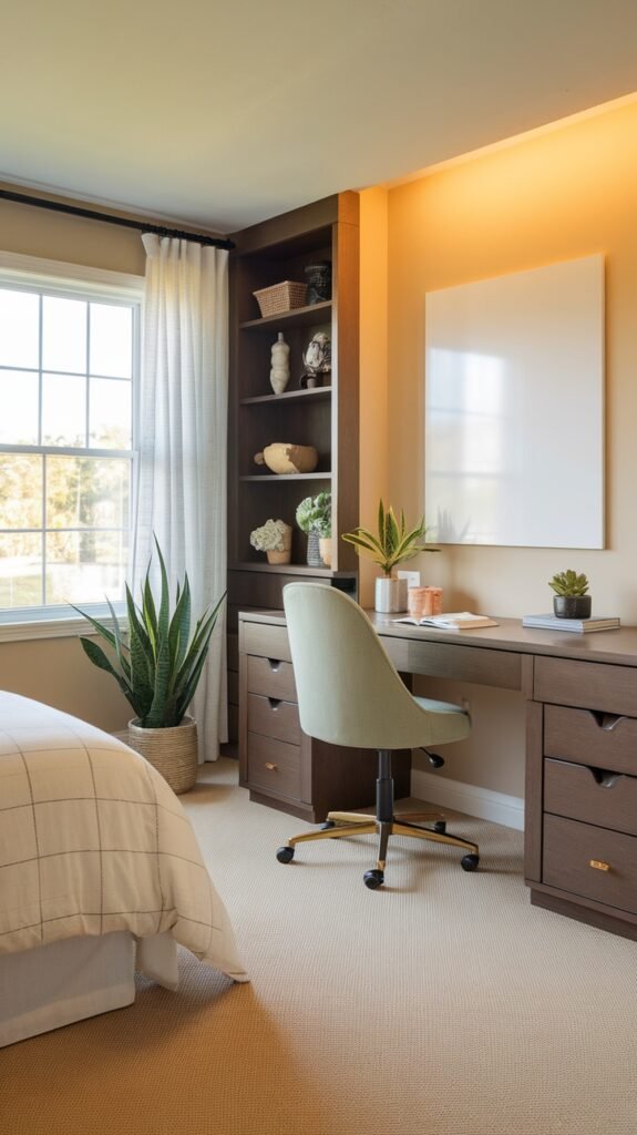 A cozy home office corner featuring sage green accents, a desk, and plants.