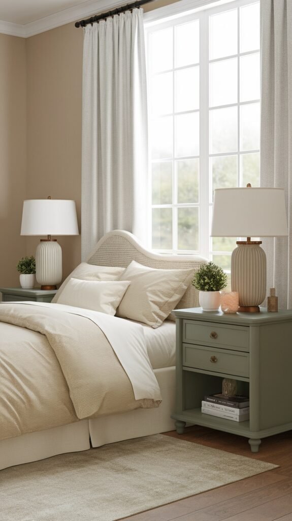 A stylish sage green bedside table next to a bed with neutral bedding and decor.