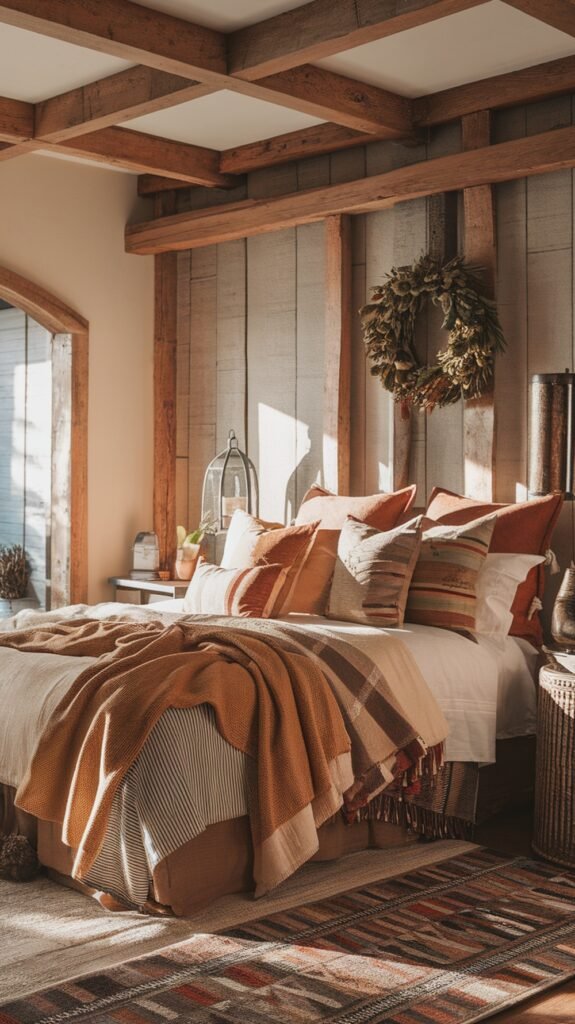 A cozy earthy bedroom featuring layered textiles with warm tones and textures.