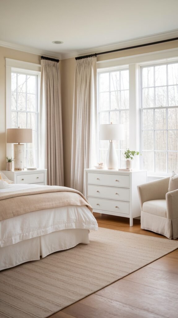 A bright and airy modern farmhouse bedroom with large windows, soft color palette, and stylish furniture.