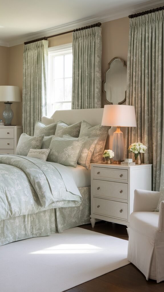 A beautifully decorated sage green bedroom with floral patterns on bedding and curtains.