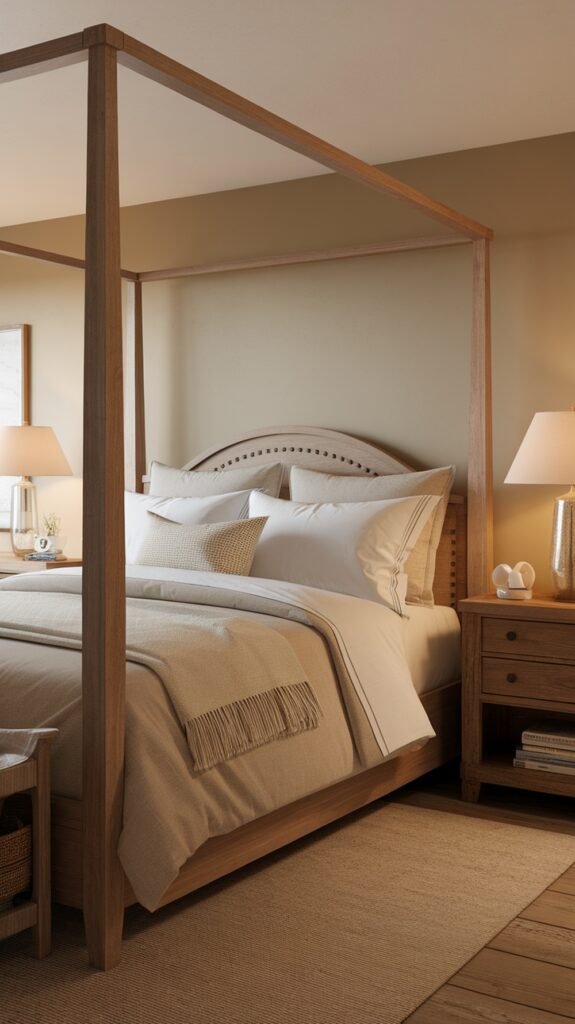 A cozy modern farmhouse bedroom featuring a wooden bed frame, soft linens, and layered textures.