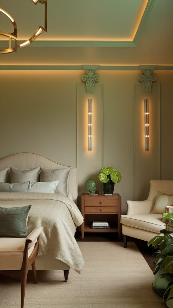 Elegant sage green bedroom with stylish lighting fixtures.