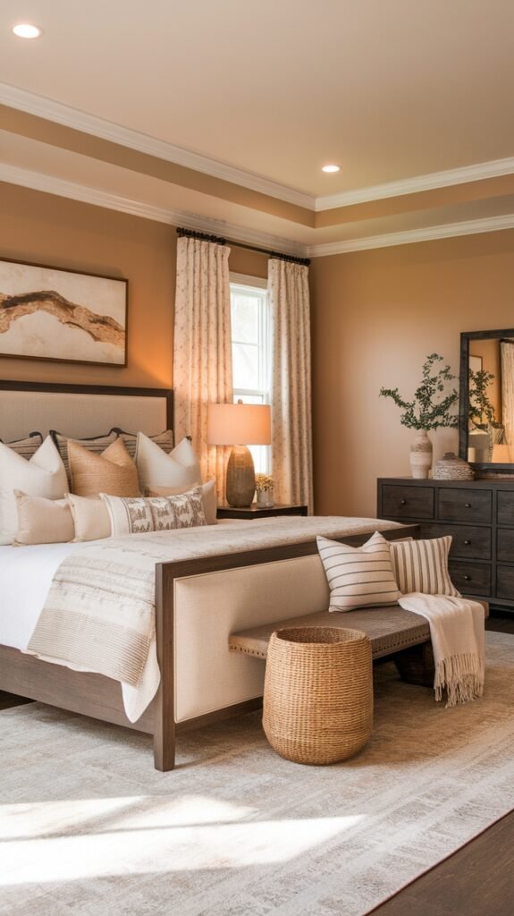 A modern farmhouse bedroom featuring warm color accents, beige walls, textured bedding, and natural light.