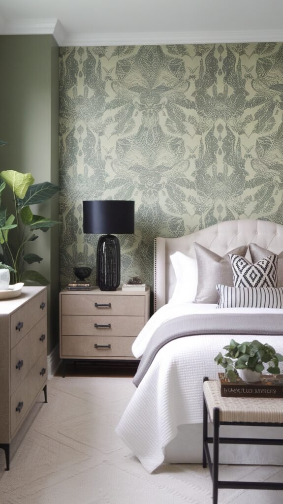 A stylish bedroom featuring sage green wallpaper on an accent wall, complemented by neutral bedding and decor.
