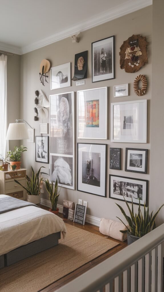 A cozy loft bedroom featuring a personalized gallery wall with various framed artworks and plants.