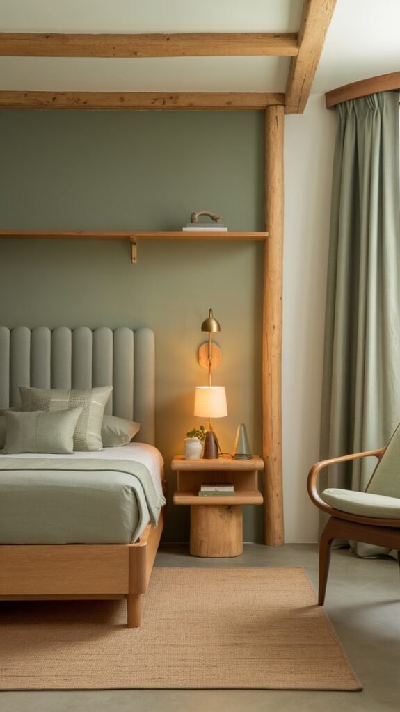 A sage green bedroom featuring natural wood accents, including a wooden bed frame and shelves.