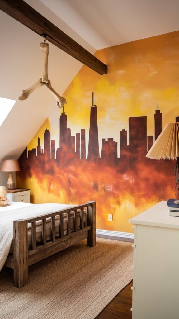 A loft bedroom featuring a vibrant skyline mural on the wall, with wooden furniture and a cozy atmosphere.