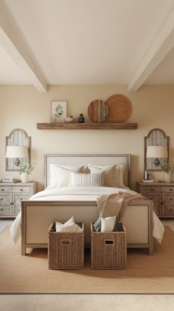 A modern farmhouse bedroom featuring rustic wood accents, including wooden beams, furniture, and decorative elements.