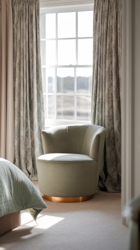 A stylish sage green accent chair in a bright bedroom setting.