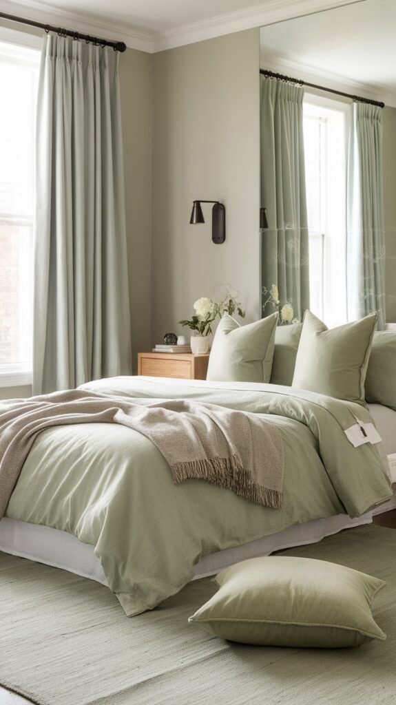 A cozy sage green bedroom featuring layered textures with soft linens and chunky knits.