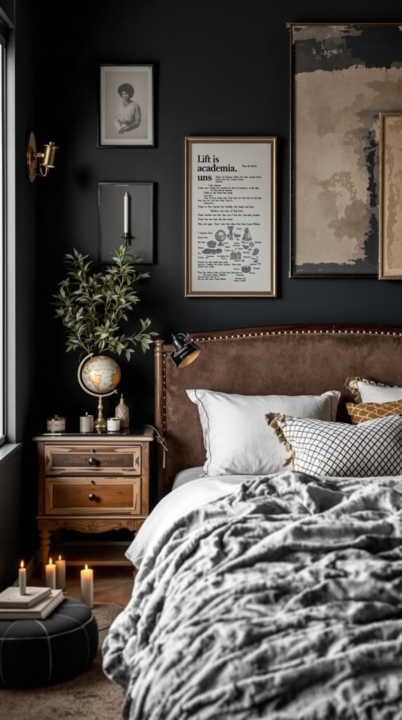 A stylish dark academia bedroom featuring eclectic accessories like a globe, candles, and framed art.