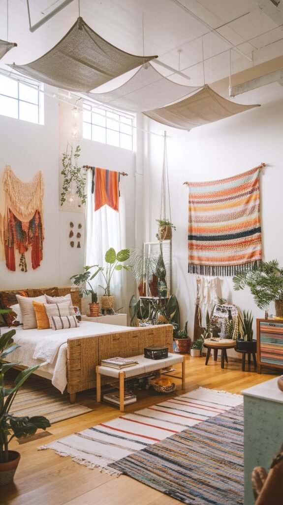 A cozy loft bedroom decorated with textured fabrics, plants, and colorful wall hangings.