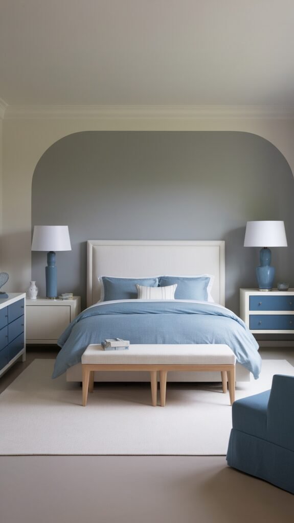 A modern farmhouse bedroom featuring soft blue tones, a cozy bed, and warm wooden furniture.