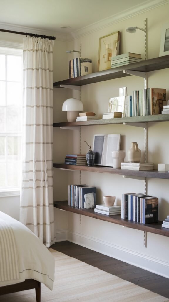 Open shelving in a modern farmhouse bedroom with books and decorative items