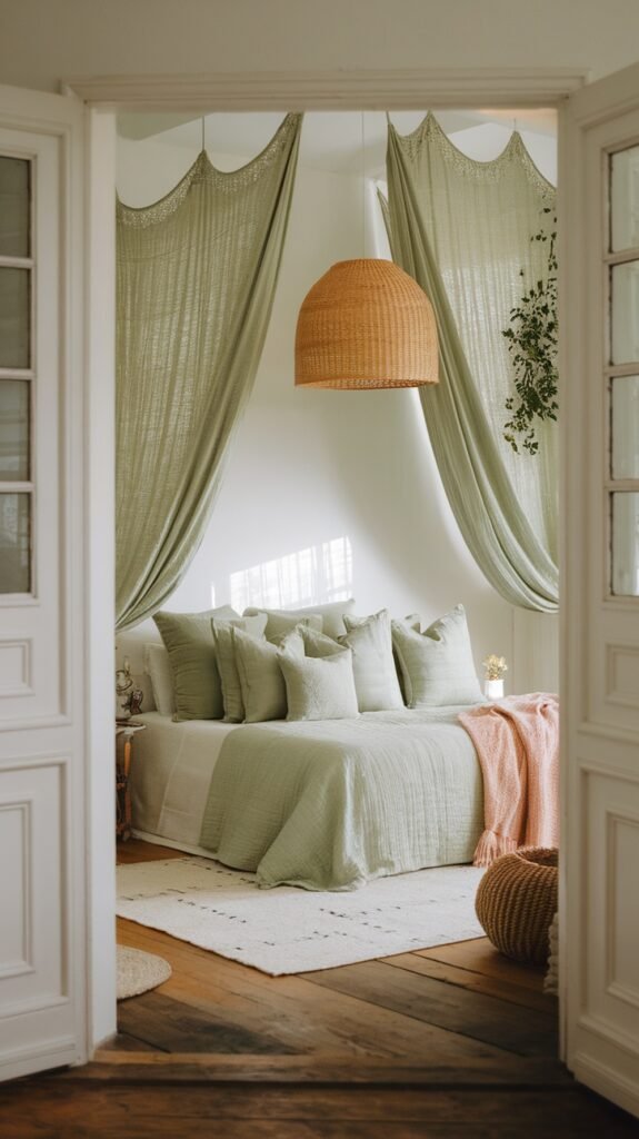A cozy sage green bedroom featuring accent pillows and soft textures.