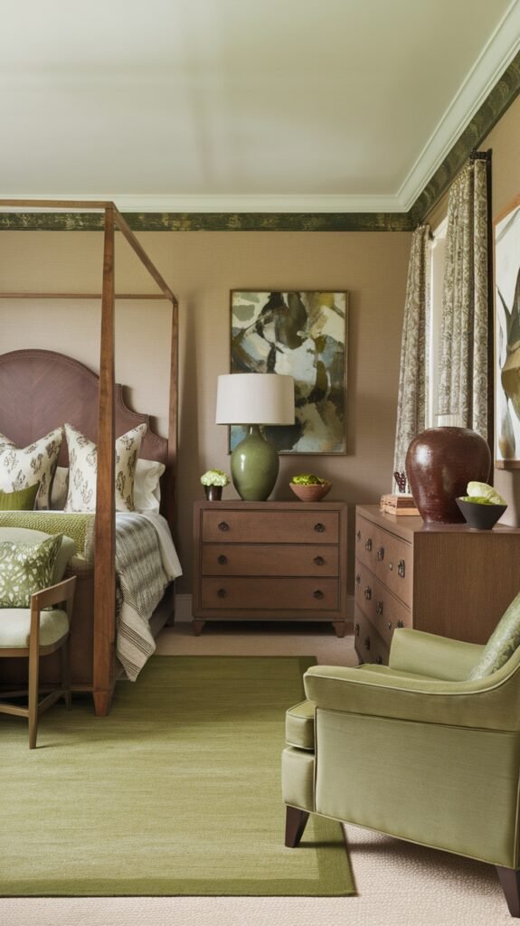 A beautifully decorated earthy bedroom with warm colors and natural elements.