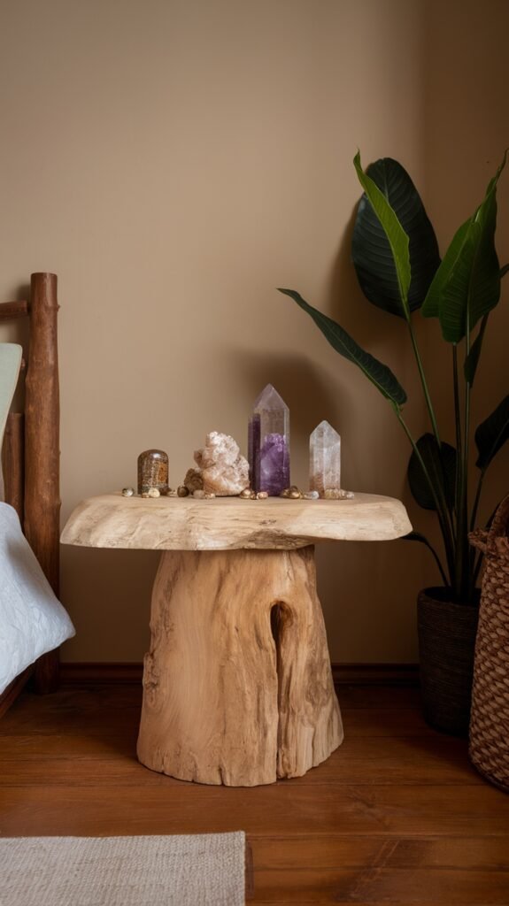 A wooden table with decorative stones and crystals in an earthy bedroom setting.
