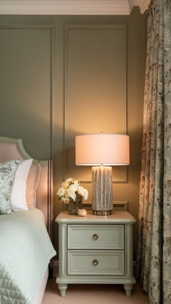 A serene sage green bedroom with elegant decor and soft lighting.