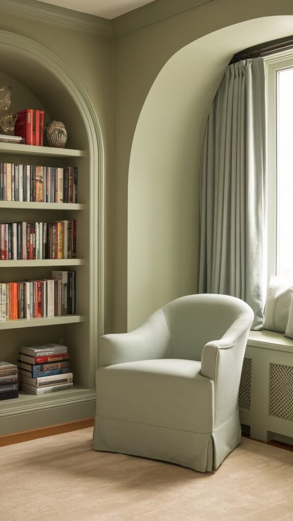 A cozy reading nook featuring a sage green chair and bookshelves.