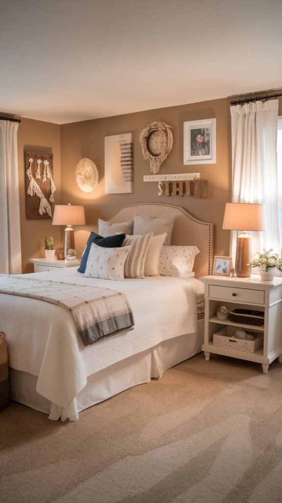 A cozy modern farmhouse bedroom featuring a bed with various pillows, soft lighting, and personalized decor.